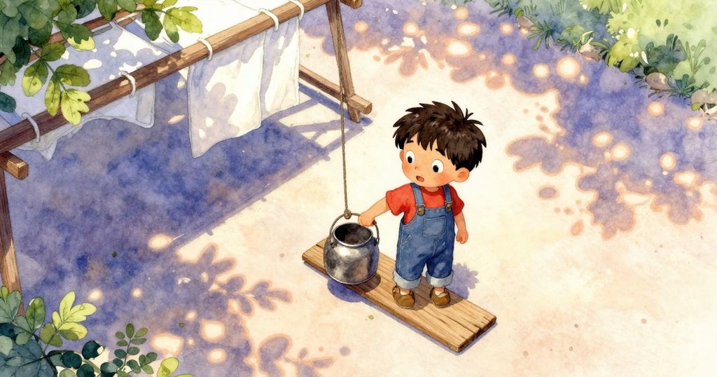 芬恩在木板上操作滑輪,從高空俯視展現露天工作區,展現專注神情與自然光影