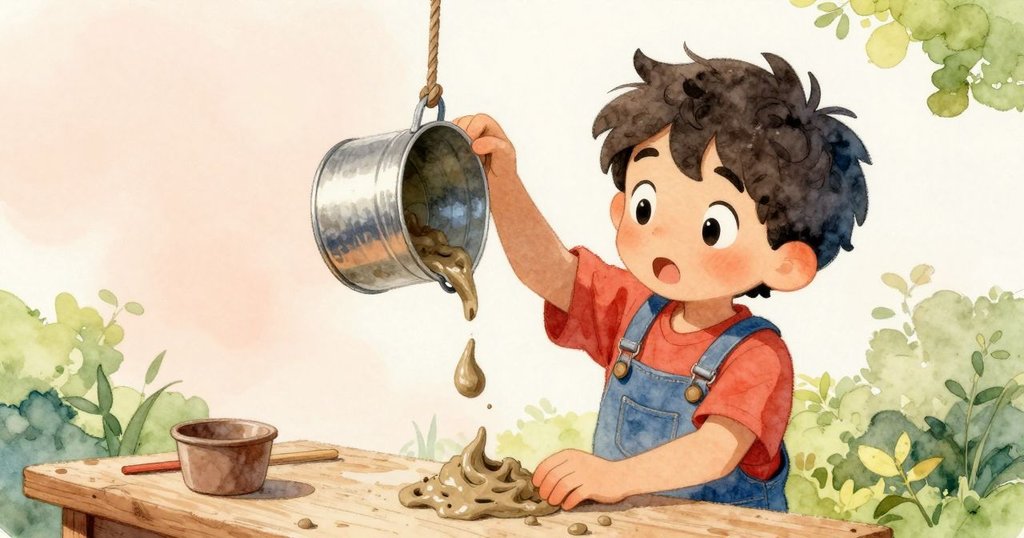 芬恩小心提起滑輪上的錫罐,泥漿從中溢出,他神態專注處理精細工作