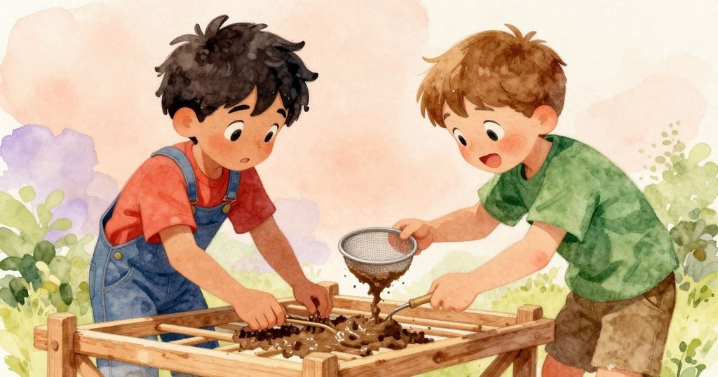 芬恩與朱德在木板旁協作,一人放置濾網一人倒入泥漿,彼此間流露出溫馨與活力