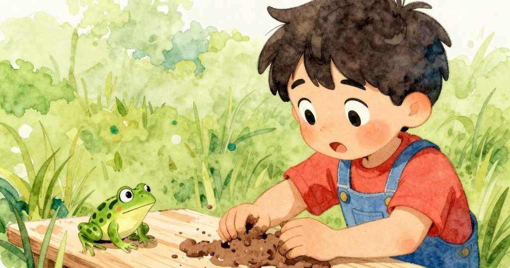 最後泥層覆蓋原有痕跡,小青蛙從木板下蹦出入草地,芬恩滿懷驚喜注視著成果