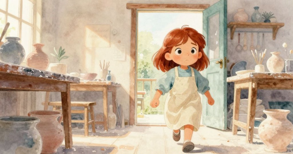 Mabel走進陶瓷工作室,清晨陽光灑進,細節豐富,充滿期待與決心,展開創作之旅。