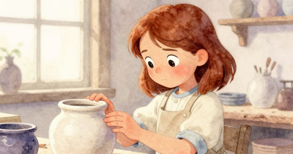 Mabel仔細檢查陶瓷工具瓶,觸碰著乾裂的黏土環,神情專注,工作檯上散落著工具,展現陶藝精神。