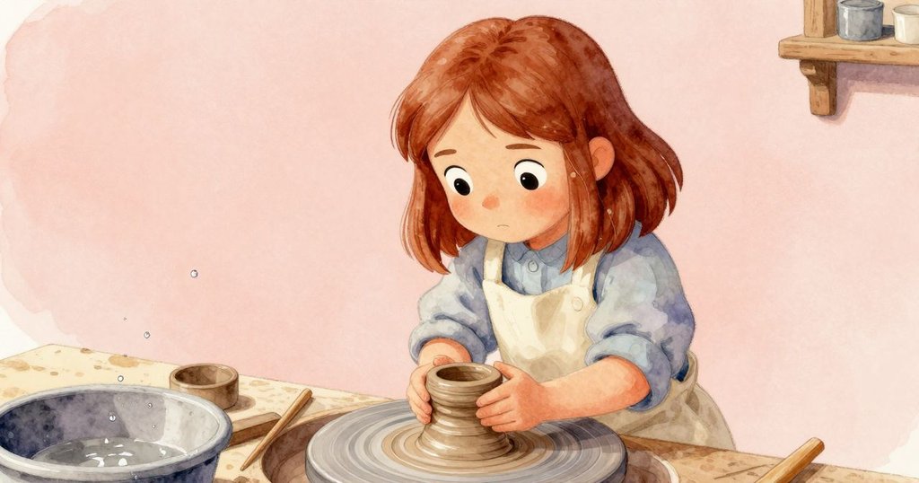 Mabel在高角度畫面中使用木製刮板調整黏土,水滴在盤中飛濺,展現專心陶藝創作的動態美感。