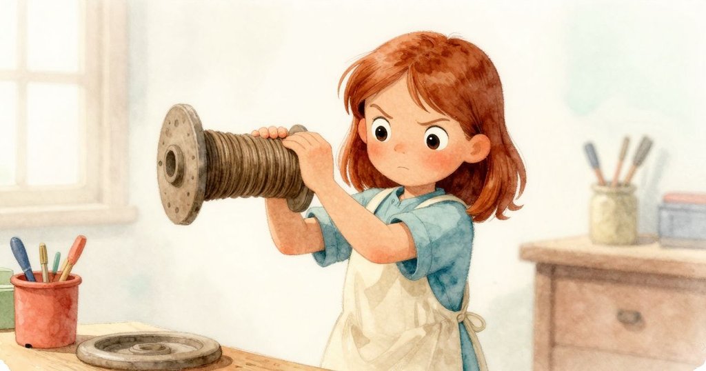 Mabel暫停輪盤,專注地舉起多餘的陶泥卷,臉上流露出堅定與細緻判斷,背景呈現工作室景象。