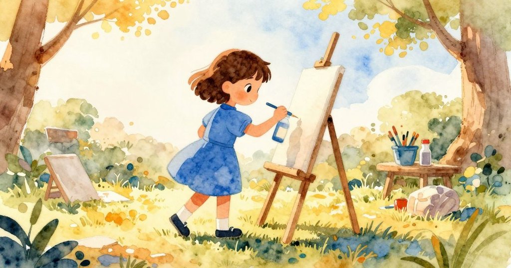 哈里特在戶外工作室中作畫，背景明亮呈現綠色曲線與粗糙紙張，身影清晰展現開始創作的情景