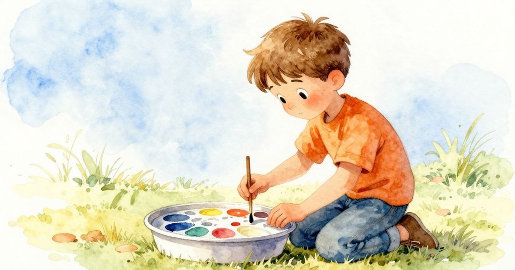 格倫跪於戶外混色桌旁準備新油彩，專注注視哈里特作畫，展示協作與細膩藝術氛圍