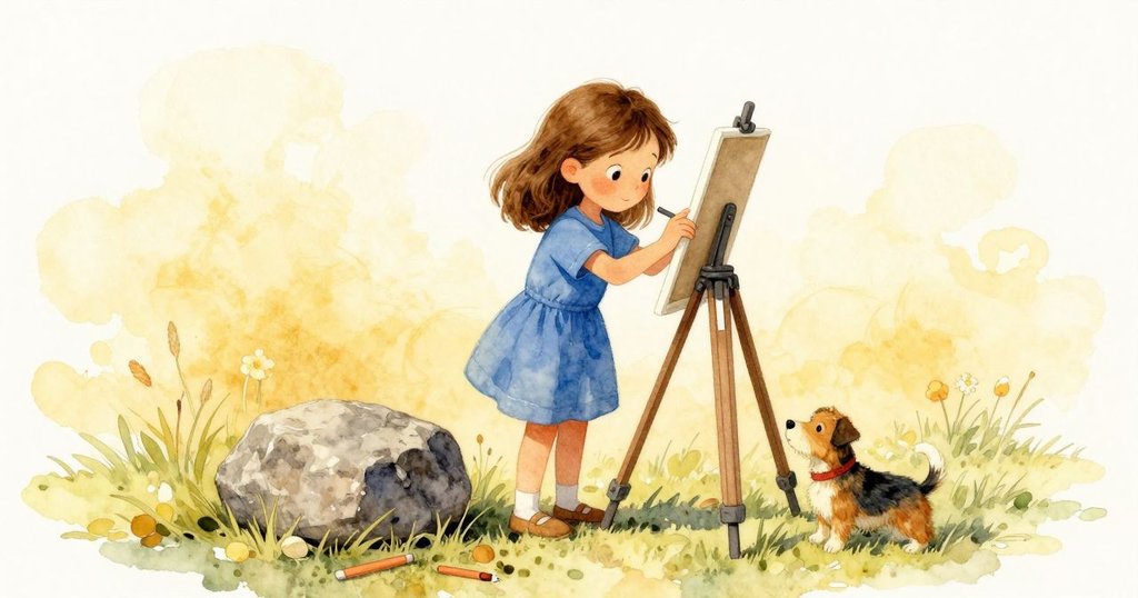 哈里特在草坪上細心調整畫具，旁邊三腳架和固定石穩固設備，沙色犬隨性休憩，環境充滿溫暖光影