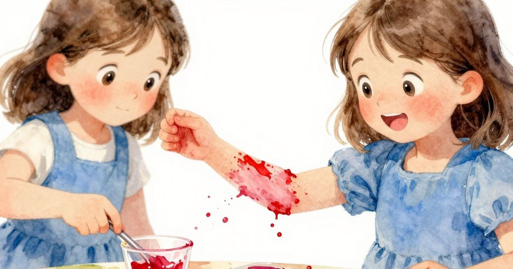 哈里特前臂突濺濃油彩，金屬湯匙輕觸混色杯旁飛濺紫色油滴，神情中透露出驚訝與決心