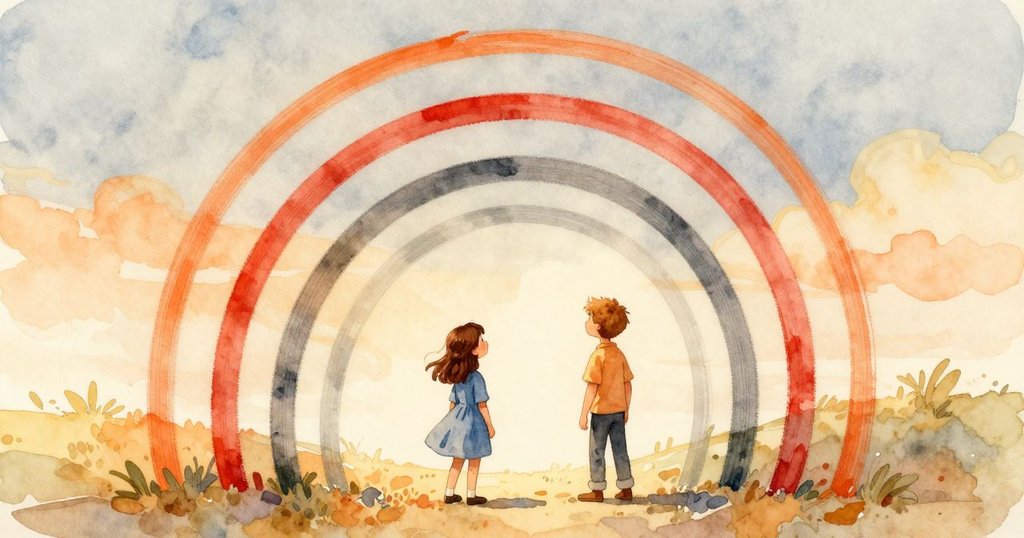 哈里特與格倫在戶外欣賞層疊油彩弧線與擺動油漿鐘擺，穩定作業展現藝術創作意境，故事持續展開