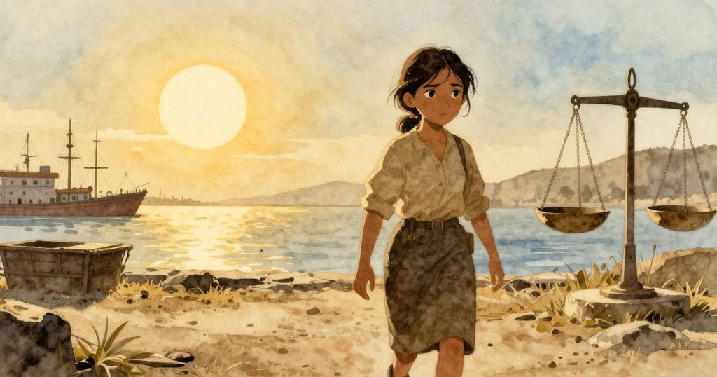 Zara站在碼頭前走向秤台，身影在明亮暖光中清晰展現，背景有船隻與開放碼頭，神情堅定