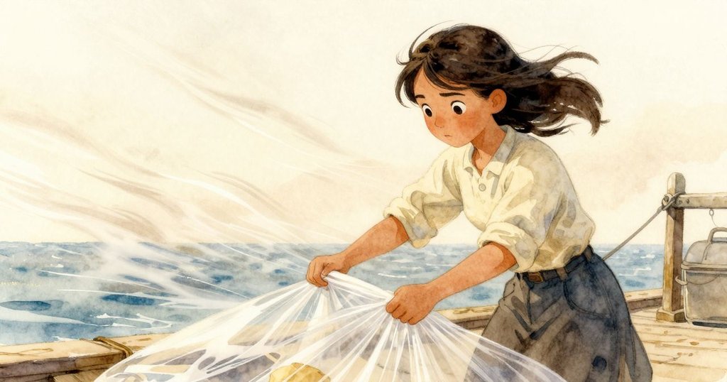 Zara在風中忙碌折疊塑膠罩，用繩子固定濕邊，鏡頭傾斜呈現動感，碼頭上風勢強勁，情緒堅定