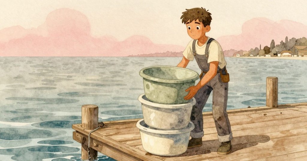 Leander在碼頭上搬運容器，背景呈現季節更替與退潮情景，廣角鏡頭展現寧靜碼頭與互助氛圍