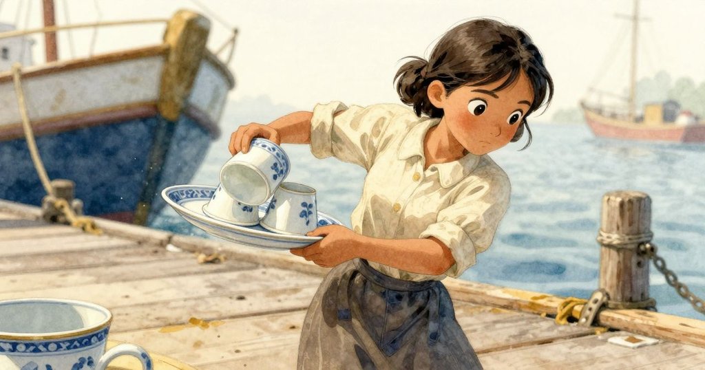 Zara忙於固定折疊好的塑膠罩，一只瓷杯在風中旋轉飛向集水盤，動作鮮明，背景呈現碼頭忙碌情景