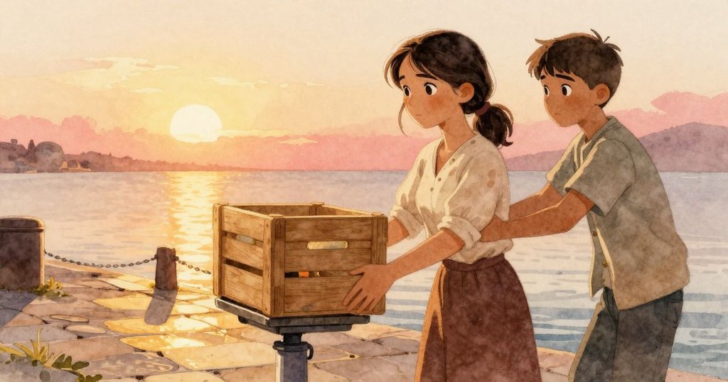 Zara在落日餘暉中輕放貝類箱子到穩定秤上，Leander遠處呼喊數字，溫暖碼頭與寧靜夕光交織展現勝利