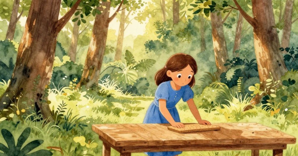 曉娜在森林中的分級桌前工作，輕敲橡木軋板，背景有高大的樹幹和斑駁的晨光，表情專注