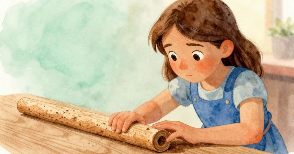 曉娜專注地用手按壓捲曲的軋板，木紋清晰呈現，桌上散落著工具與軋板，晨光柔和映照，情緒認真