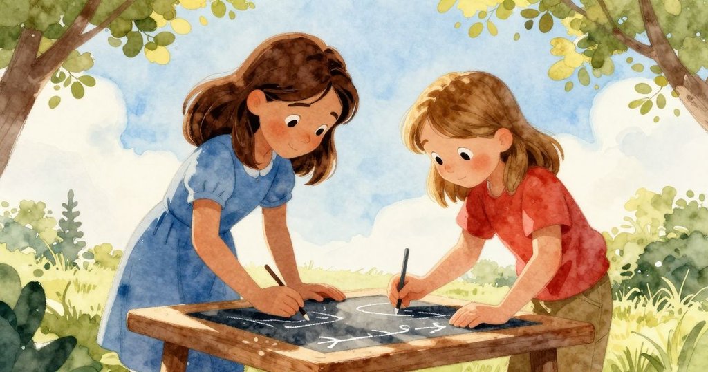 曉娜視角下，拉克在戶外桌旁用粉筆記數，兩人協作工作，陽光斑駁穿透樹葉，氣氛專注而溫暖