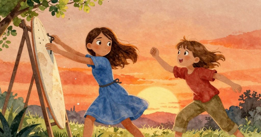 曉娜與拉克在乾燥架旁迅速反應，一塊板被風掀起，動作敏捷中帶著驚訝，夕陽光暈映背景