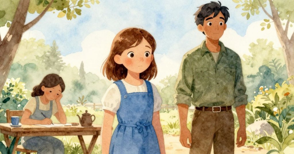 曉娜在分級桌旁稍作休息，環境漸歸平靜，旁邊見收割者守望，柔和晨光與微動落葉營造安寧感