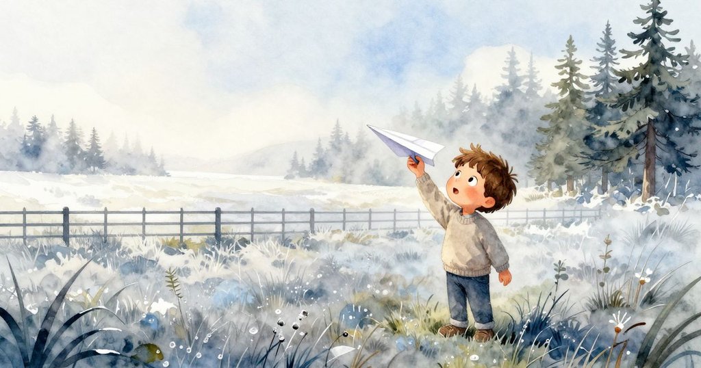 肯特在露水濕潤的草地上發現一架雪白的紙飛機，鋼灰色圍籬旁麻雀在注視，顯示出好奇與期待情緒