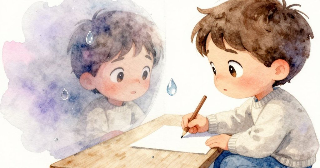 肯特在摺紙桌邊停留，透過水滴反映出他專注神情與目標圈細節，背景充滿靜謐創意氣息