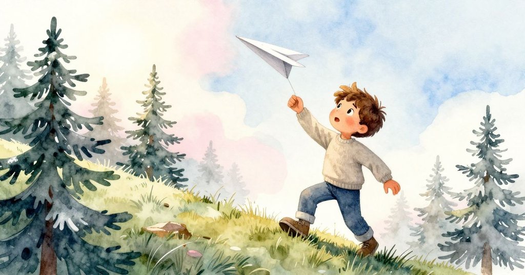 肯特在小山坡上發射新摺的紙飛機，紙飛機受風力輕旋上升，背景中有跳動的麻雀與落日光暈