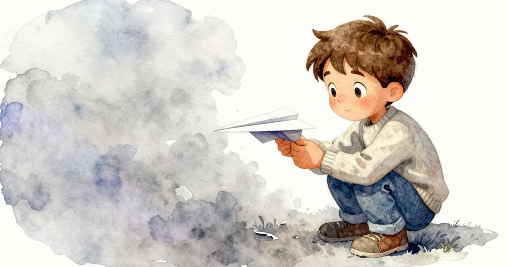 肯特發現濕透撕裂的紙飛機，蹲下細看受損邊緣，神情中流露出憂慮與堅定，陰影中有麻雀陪伴