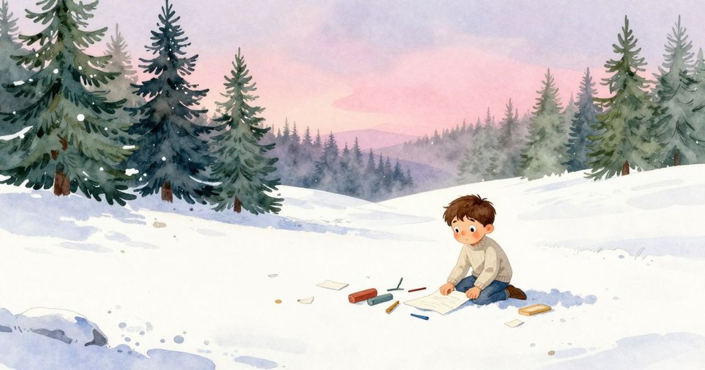 肯特在山頂上靜立，身邊散落著紙張與工具，麻雀安然棲息在圍籬上，黃昏光影中呈現溫暖收尾