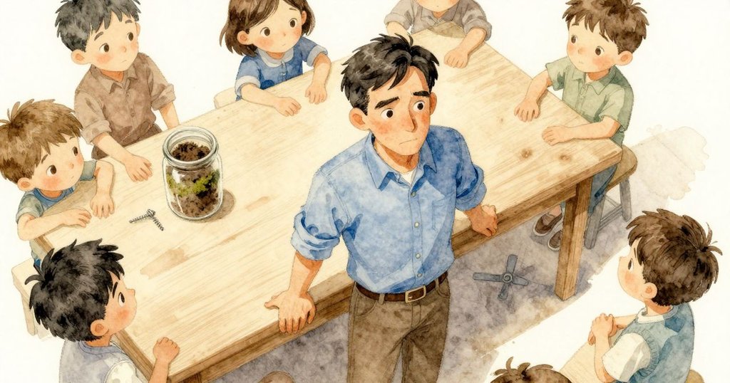 賽勒斯在溫暖室內桌面上操作工具,從俯瞰角度看見瓶子、土壤與苔蘚,動作專注