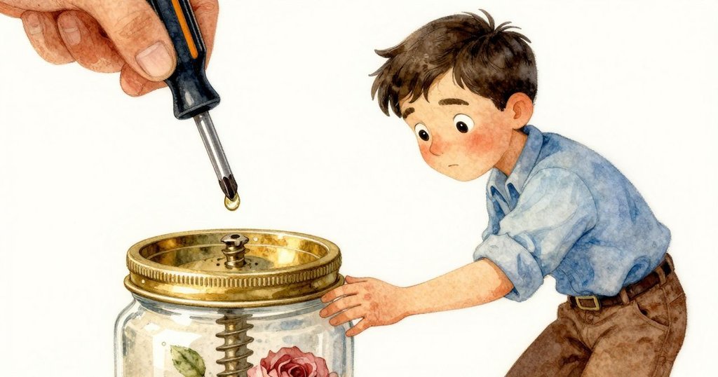 賽勒斯小心操作工具,近距離捕捉瓶口螺絲上清澈水滴,細膩光線映出專注神情