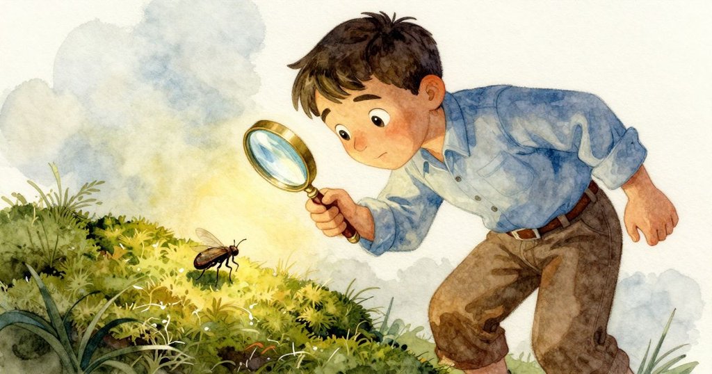 賽勒斯用放大鏡仔細觀察星形苔蘚,一隻昆蟲在苔蘚上觀察,溫暖光線照亮細節