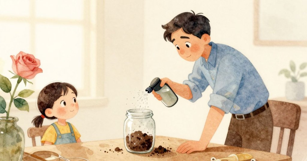 賽勒斯輕按噴霧瓶,水珠灑在土壤上,室內工作空間中散發溫暖柔和光線