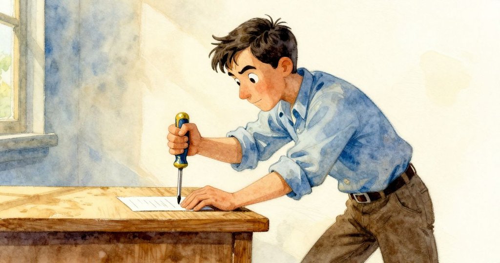 賽勒斯觀察桌上參考卡片因微風吹動滑落,帶動工具移動,動態場面充滿活力