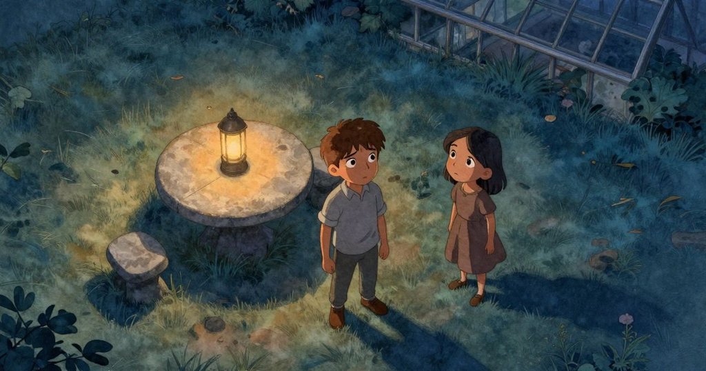 Gareth和Yvette在室外田野的石桌旁準備燈籠，遠處玻璃溫室反射夕陽，整體場景寬廣溫暖