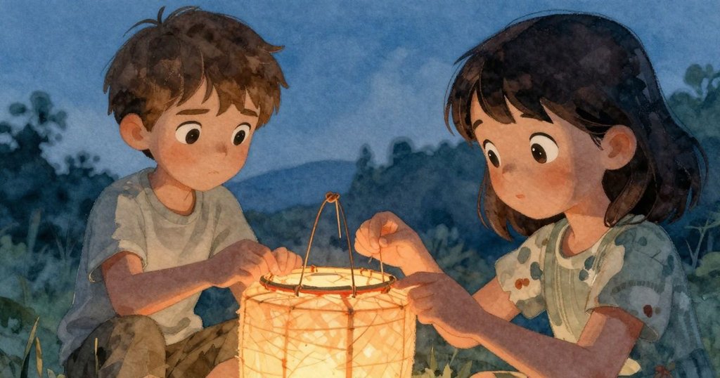 Gareth專注用線繞燈籠竹框，紙張透出藍色夜光，Yvette在旁觀察，場景細膩呈現黃昏氛圍