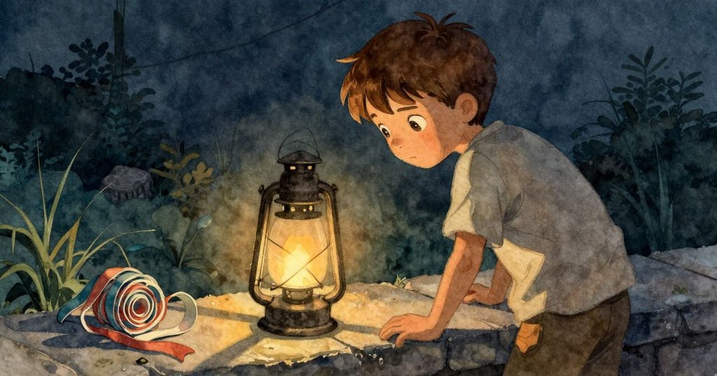 從背後看Gareth，注視石桌邊傾斜的燈籠和散落緞帶，神情充滿關切，背景呈現柔和傍晚光線