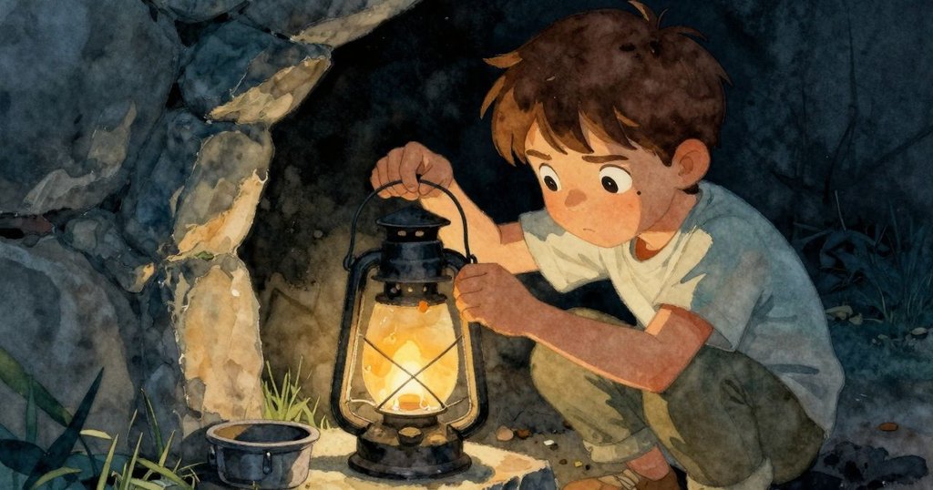 在石桌角落隱蔽處，Gareth蹲下調整傾斜燈籠，融化的蠟滴與燃料板相映，展現專注與淡定