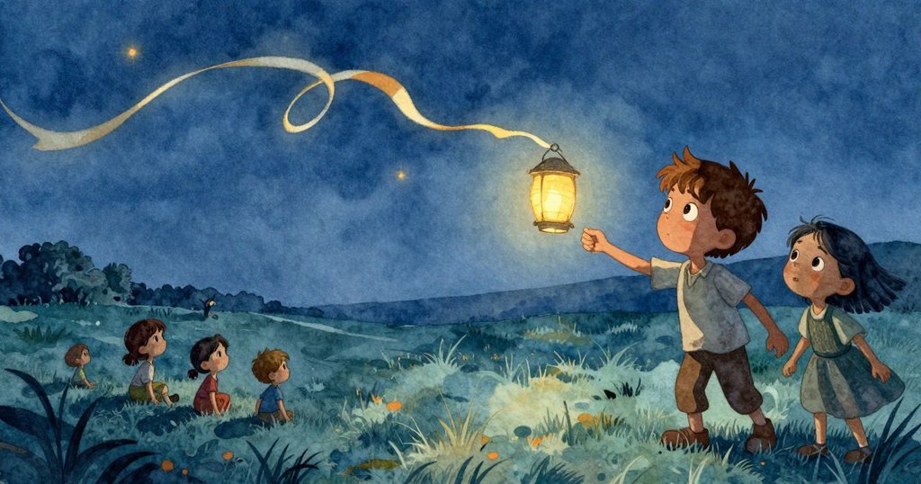 燈籠漂浮在空中，邊緣透出淡藍光芒，緞帶般溫暖氣流繞行，Gareth與Yvette在遠處靜觀，場面寧靜而宏大