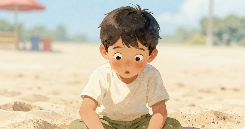 伊德里斯眉頭微蹙注視失蹤的綠桶，表情驚訝與堅定，沙坑邊細節柔和展現內心波動