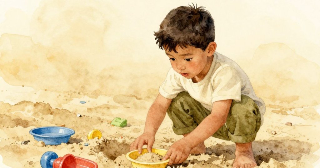 伊德里斯以第一人稱視角摸索沙坑玩具，選中塑膠碟，手部動作清晰，背景充滿探索意味