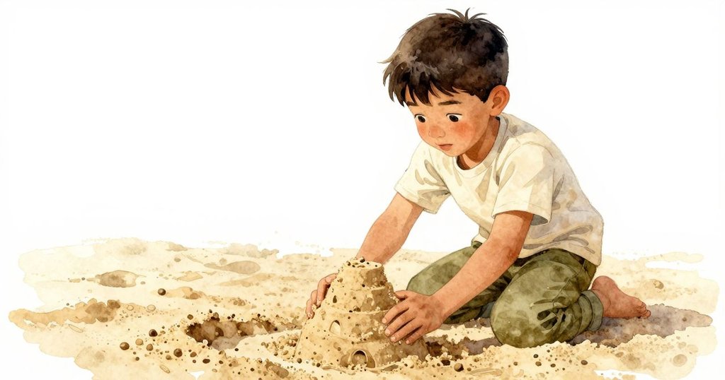 伊德里斯專注地鑽入沙中，用手壓實濕砂並搭建小塔，動作果斷，層層堆疊展現因果關係