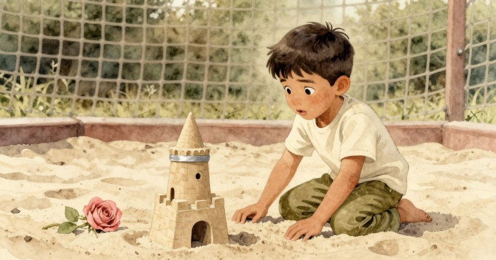 全景展示沙坑全貌，伊德里斯滿懷成就感觀察低矮塔與濕潤銀帶，背景中攀爬網引領故事結尾