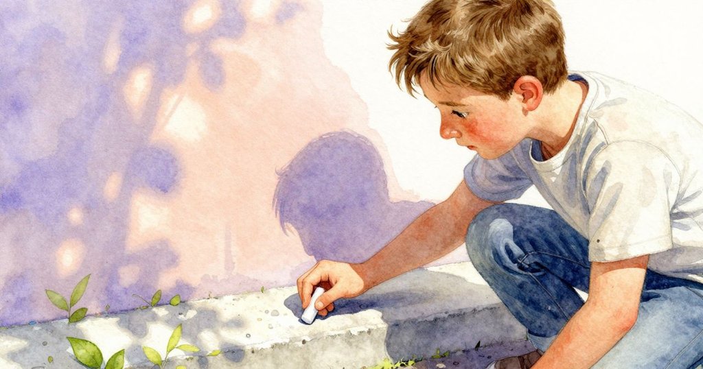 德雷克手握粉筆，專注檢視粉筆在混凝土上留下的微弱痕跡，充滿期待與挑戰氣息