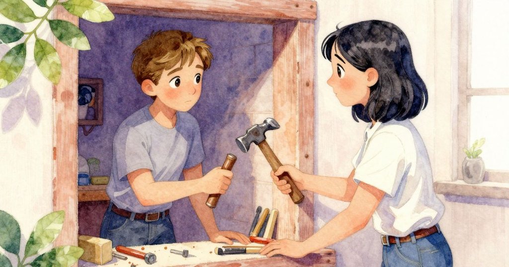 珍妮特停止攪拌，傳遞小錘子給德雷克，專注細節中的工具互動，顯示合作與堅定決心