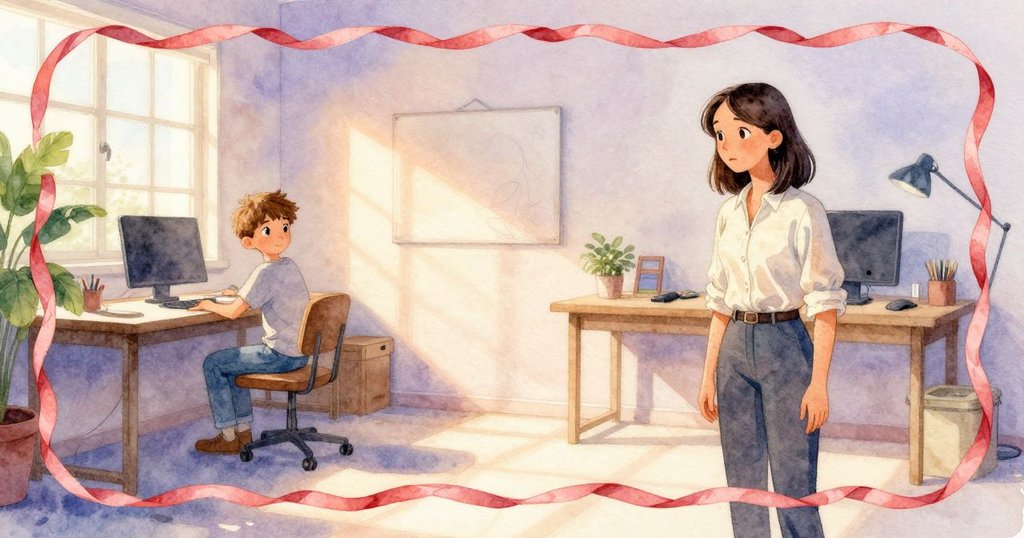 德雷克與珍妮特一起觀察用絲帶完成的邊界，組織有序的材料與柔和光影營造溫暖結局，寓意故事延續