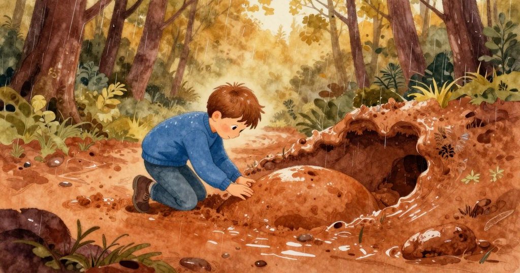 Vaughn正俯身觸摸泥濕凹痕,背景為森林小徑和細雨,表情平靜且好奇,展現故事開端的寧靜氛圍