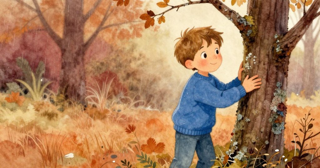 Vaughn正用力將一根樹枝抵靠著苔蘚覆蓋的樹幹,細雨中展現出堅定與細心的動作,營造出溫暖自然氛圍