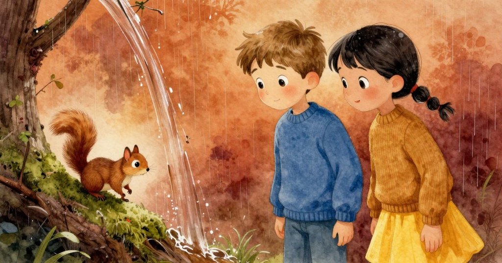 一隻森林松鼠從低角度仔細觀察樹幹上流動的褐色水流,展現自然細節與雨天中生機盎然的畫面