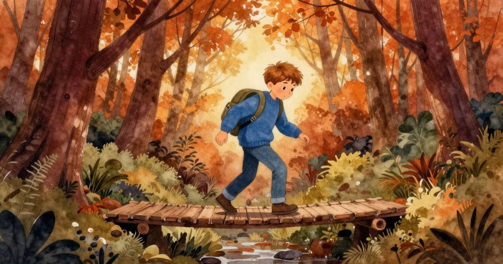 Vaughn在森林空地上的臨時橋上前行,背景中露出背包與掛著扣環的細節,表情自信且專注,呈現故事轉折