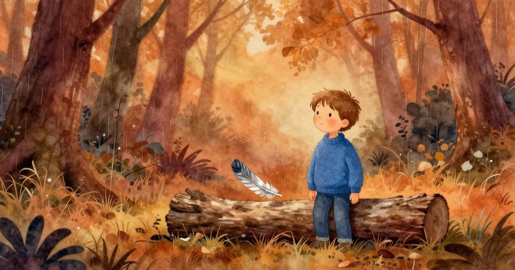 在穩固的臨時橋邊,一根銀藍色羽毛隨雨滴輕舞漂浮,Vaughn望向遠方,表情充滿希望和靜謐感,象徵崭新開始